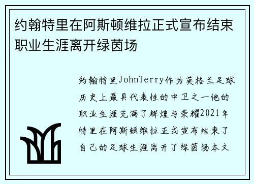 约翰特里在阿斯顿维拉正式宣布结束职业生涯离开绿茵场