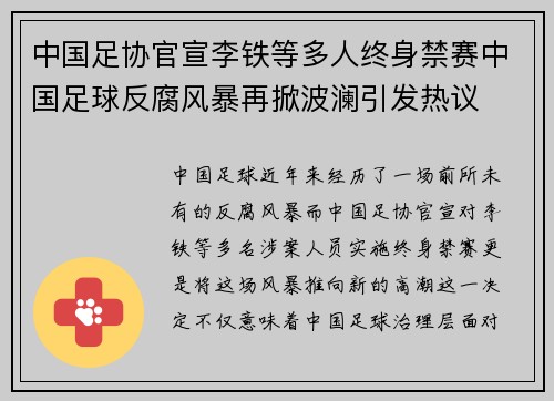 中国足协官宣李铁等多人终身禁赛中国足球反腐风暴再掀波澜引发热议 中国足协官宣李铁等多人终身禁赛中国足球反腐风暴再掀波澜引发热议